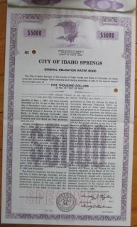 1980 Specimen Bond Stock Certificate Idaho Springs Co