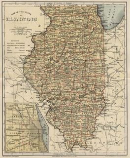 Illinois: Authentic 1889 Map showing Counties, Cities, Topography