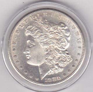 CH AU BU MS 1880 s Silver Morgan Dollar in Airtight Holder