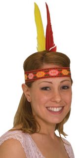 Indian Brave Headband with Feather  Red Headband with a Yellow Feather