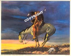 Vintage End of Trail Print Indian on Horse Blue Sunset