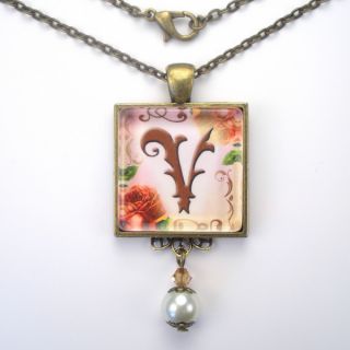 Initial Letter V Monogram Vintage Charm Art Glass Pendant Necklace