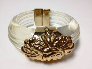  French 1980s Gold Swirls Inna Citrine Lucite Large Bracelet