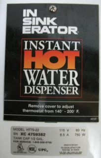 In Sink Erator Instant Hot Water Dispenser Tank Only Model H770 22