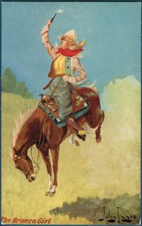 The Bronco Girl Cowgirl Riding Firing A Gun Signed John Innes
