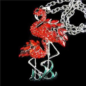 Dual Flamingo Pendant Necklace Red Rhinestone Crystal Bird