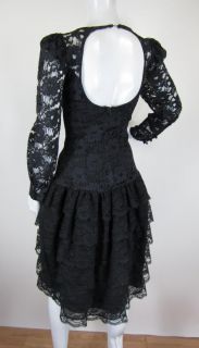 Vintage 1980s Cache Black Lace Ruffled Skirt Keyhole Back Cocktail