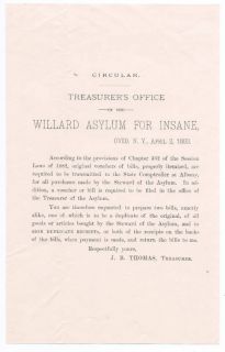 0794 Willard Insane Asylum 1883 flier J B Thomas Ovid NY mental