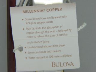 Mens  Bulova  Copper Millenia Wrist Watch New for Arthritis