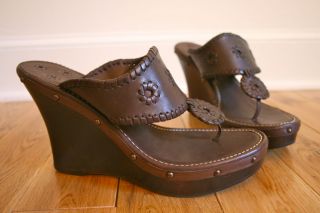 NEW JACK ROGERS USA Marbella Brown Leather Wood Wedge Heel Sandal