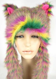 Faux Fur Hood Cat Animal Pockets Striped Teen Gift Pink Long Arms Hat