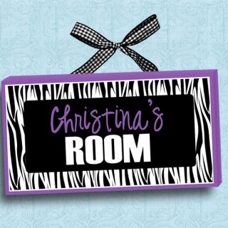 Personalized Kids Room Door Sign Funky Zebra Stripes Purple Cute Wall