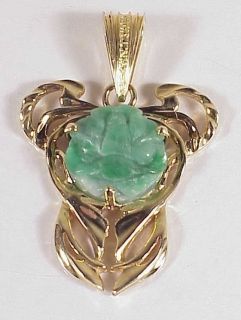 14k 585 Yellow Gold Jadeite Jade Rose Pendant Necklace