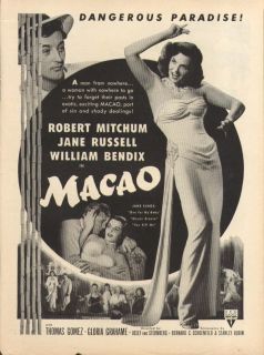 Robert Mitchum Jane Russell in Macao Movie Ad 1952