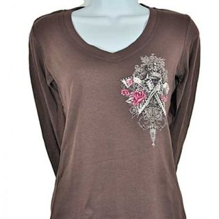 Long Sleeve Large x XXL Chocolate Brown Cowgirl Six Shooter Pistols T