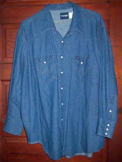 Mens WRANGLER Cowboy cut snap front blue jean Denim Shirt XXL 20 X 34