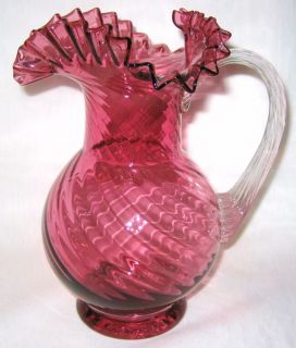 Cranberry Art Glass Pitcher with Ruffled Crimped Edge