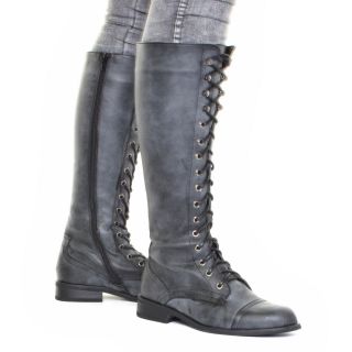 Womens Grey Distressed Knee High Military Ladies Lace Up Army Boots