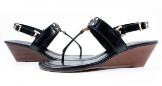Tory Burch Black Robinson Demi Wedge Sandal Leather Shoes 8 New