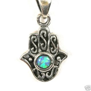 Jewish Hamsa Pendant Necklace w Opal Israel Jewelry