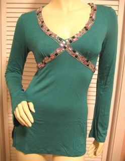 New Womens Jade Green Bell Long Sleeve V Neck Beads Jewelled Top