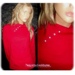 JM COLLECTION RED COTTON SWEATER TOP SPLIT NECK CRYSTAL RHINESTONE