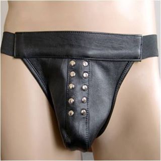 Male Underwear Black PU Leather Jock Strap Thong w Studs