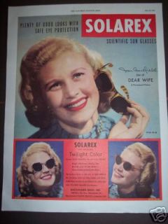 Vintage 1949 Star Joan Caulfield Solarex Sun Glasses Ad