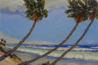 Pacific Palms Seascape Impression Oil Painting Ocean Rocks Art Kenneth John Ken  