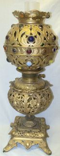 Old Antique Bradley Hubbard Ornate Design Banquet Lamp w Brass Jewel Shade  