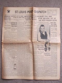 John Dillinger 1934 St Louis Newspaper Escapes Indiana Jail with Wooden Pistol  