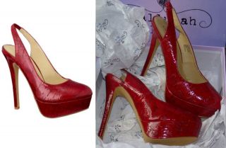 New Tallulah Blu Jolene Ruby Red Stilletto Platform Heels Faux Patent Leather 8  
