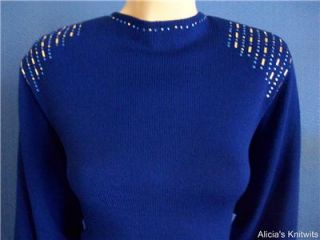 St John Santana Knit Royal Blue w Gold Crystal Paillettes Dress with Belt 12  