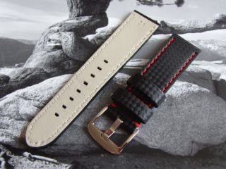 Black Carbon Fibre Watch Strap Black or Red Stitching  