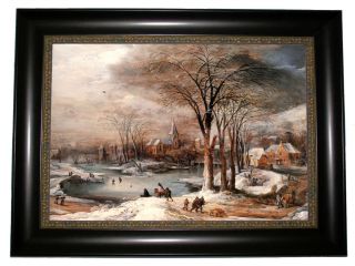 Momper Village Landscape in Winter w Pond DK Brn Framed Canvas Art Repro M 27x19  
