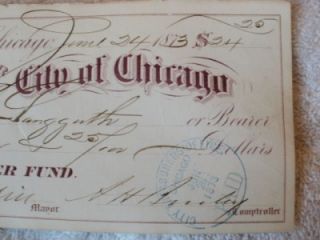 1873 Mayor Joseph Medill Signed Autograph City of Chicago Bank Check Ephemera  