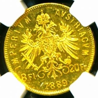 1889 Austria Gold Coin 20 Francs 8 FL NGC Cert Genuine Scarce AU 58 Fine Gem  