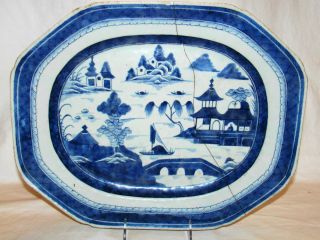 Chinese Export Porcelain Blue White Canton Platter 19th C 15 5 8