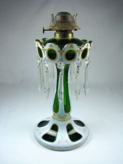 Antique Cased Green Glass Mantle Luster with Unusual Oil Kerosene Lamp