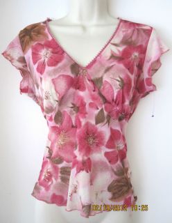 Fuschia Pretty Pink Brown Floral Poly Knit Top Blouse Shirt Sz L