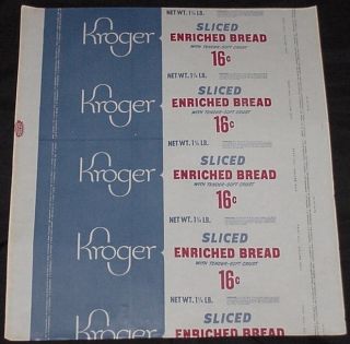 Vintage Unused Kroger Sliced Enriched Bread Wrapper