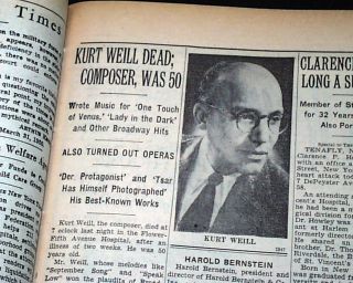Kurt Weill German Music Composer The Threepenny Opera Death 1950 NYC