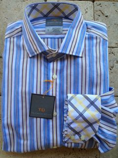 Thomas Dean Shirt L s Blue Multi Stripe w Contrast Cuffs Collar Men s