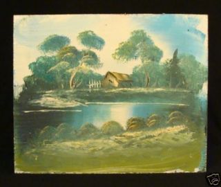 Antique Landscape Lake House View Oil on Panel Painting