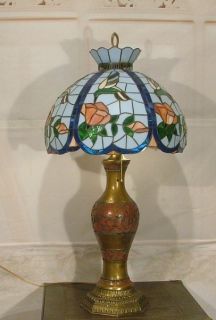 Antique Vintage Brass Table Lamp w Stained Glass Shade