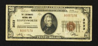 20 1929 Leavenworth Kansas KS National Currency Bank Note Bill