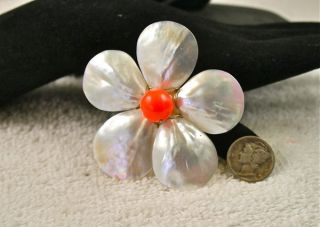Vintage Estate Mother of Pearl Salmon Glass Bead Flower Big Brooch Pin