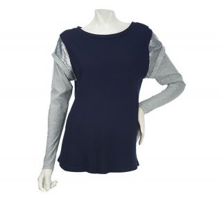 Belle Gray Lisa Rinna Contrast Sleeve Sequin Insets Top Navy 2X New