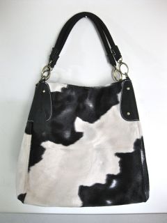 Trendy Cow Print (fur) Black & Ecru (off white) Handbag w/gold tone