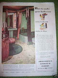 1941 Armstrongs Linoleum Floor Retro Green Bathroom Ad